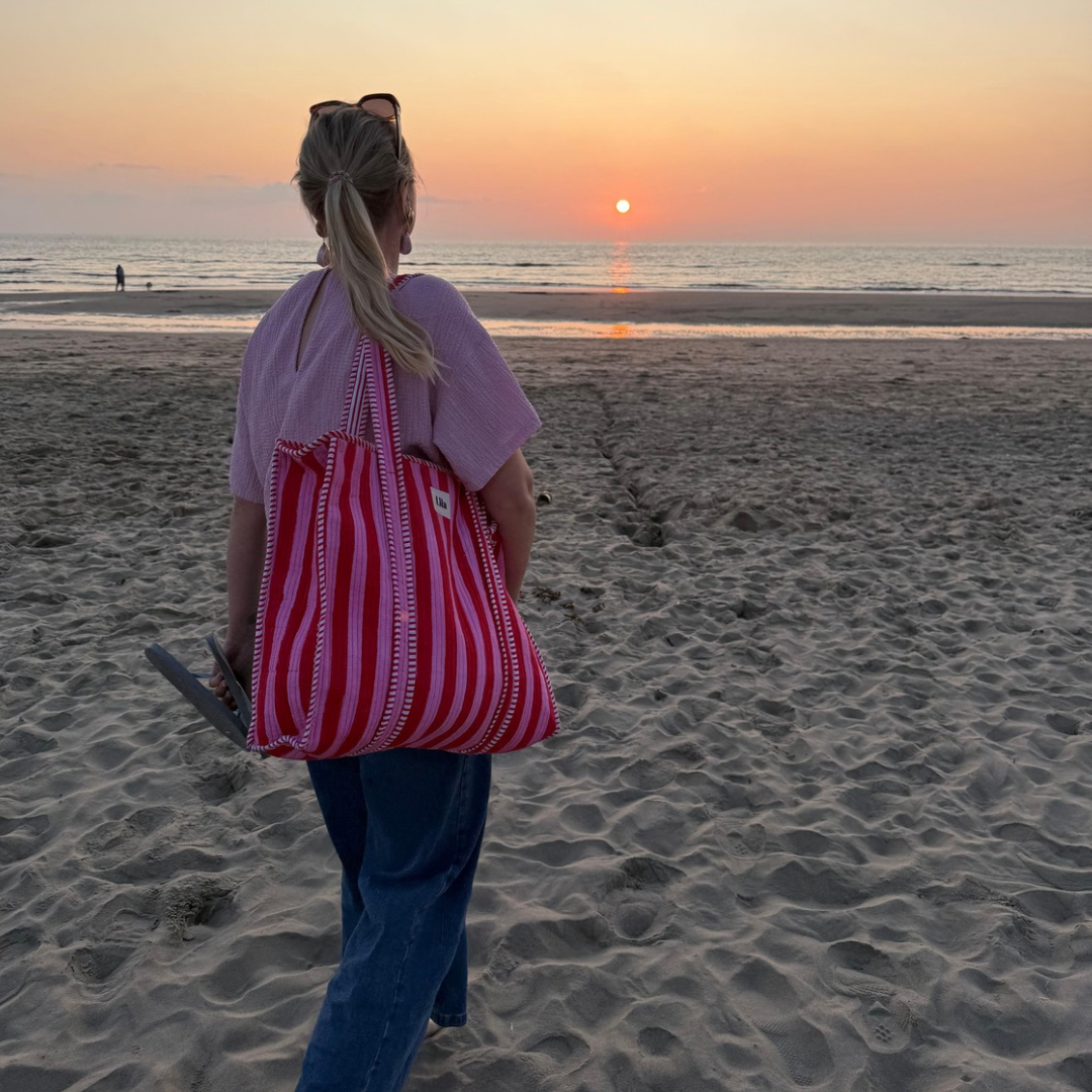 Bolso tote - Rojo - Rosa - Rayas - Incluye neceser - Cremallera