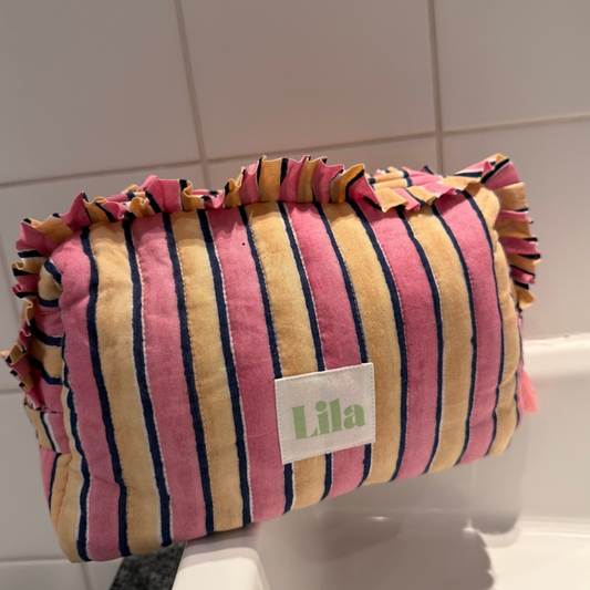 Bolso de aseo - Rayas - Volantes - Rosa - Amarillo mantequilla - Grande