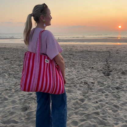 Bolso tote - Rojo - Rosa - Rayas - Incluye neceser - Cremallera