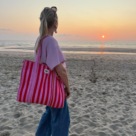 Tote bag - Rood - Roze - Strepen - inclusief toilettas -Rits