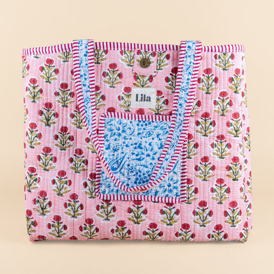 Tote Bag - Blauw - Roze - inclusief toilettas - No.10