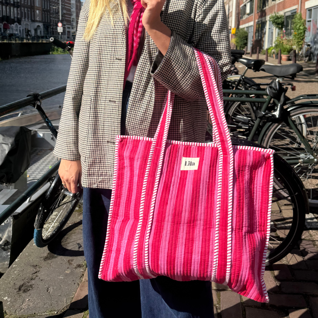 Bolso tote - Rojo - Rosa - Rayas - Incluye neceser - Cremallera