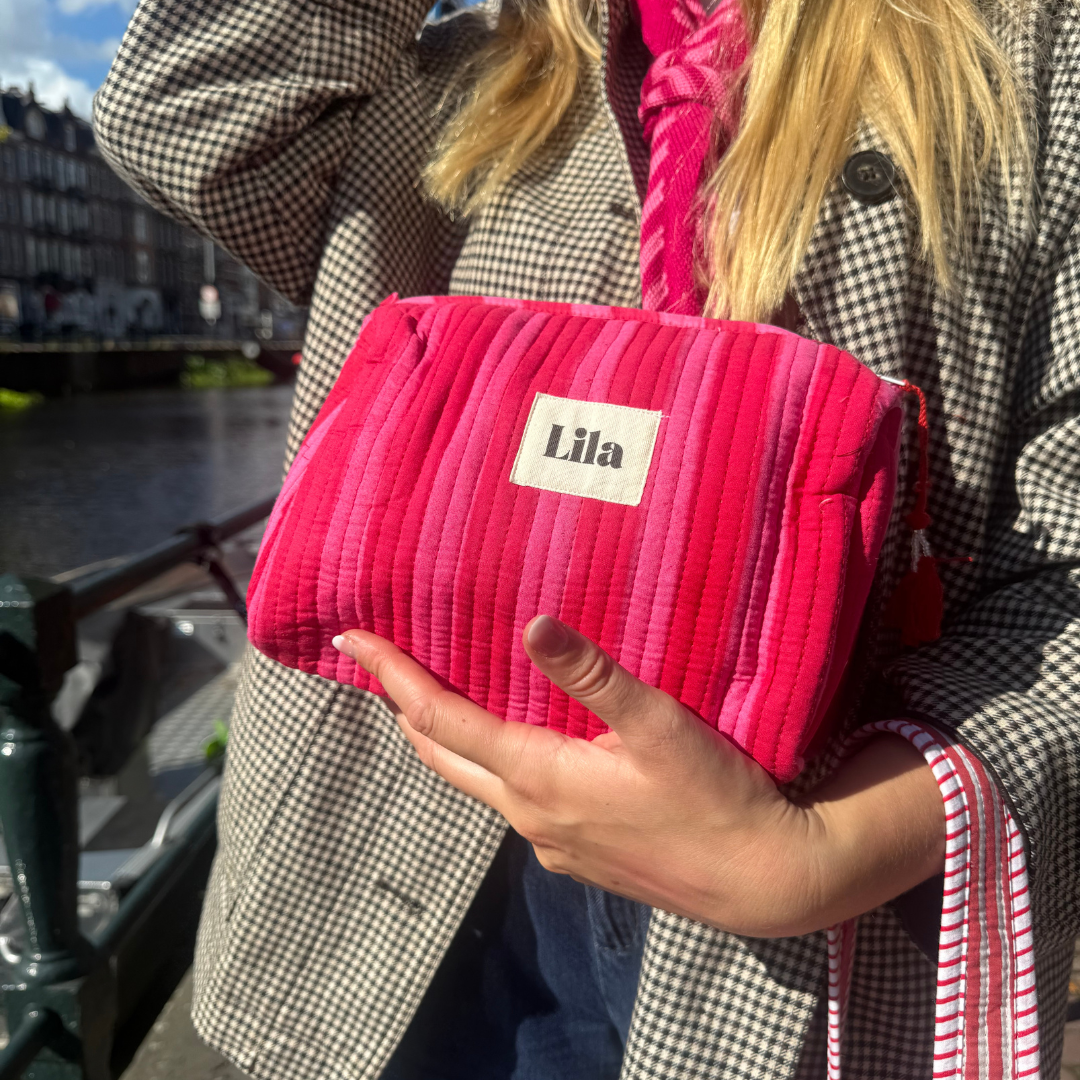 Bolso tote - Rojo - Rosa - Rayas - Incluye neceser - Cremallera