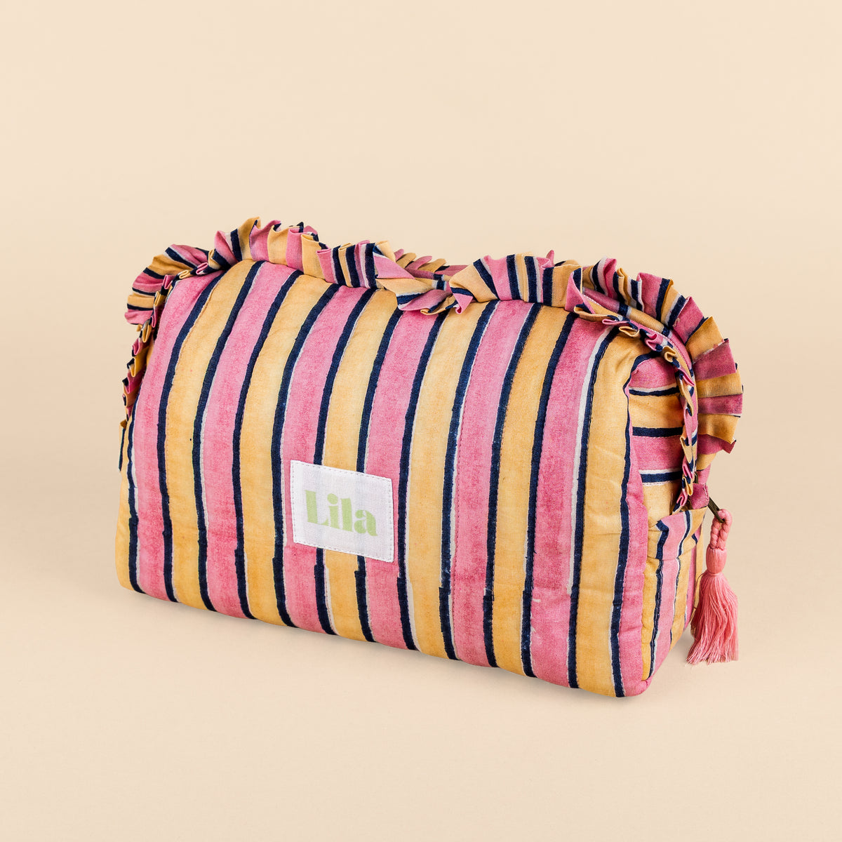 Toilettas - Strepen - Roze - Botergeel - Set