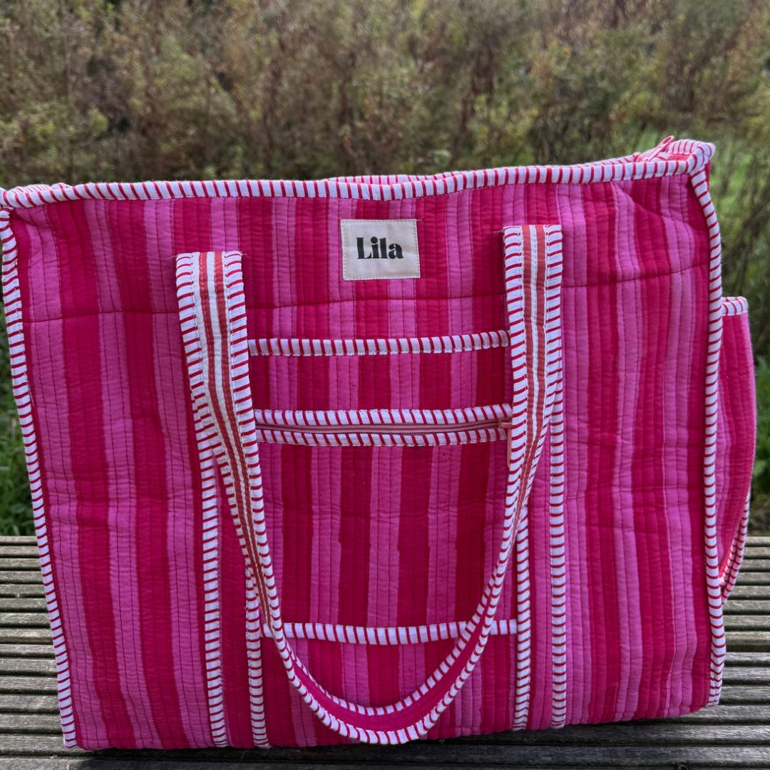 Tote organizado - Raya rosa - Incluye neceser - No.6