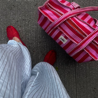 Bolso tote - Rojo - Rosa - Rayas - Incluye neceser - Cremallera