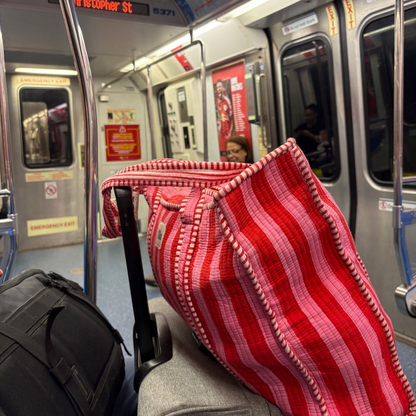 Bolso tote - Rojo - Rosa - Rayas - Incluye neceser - Cremallera