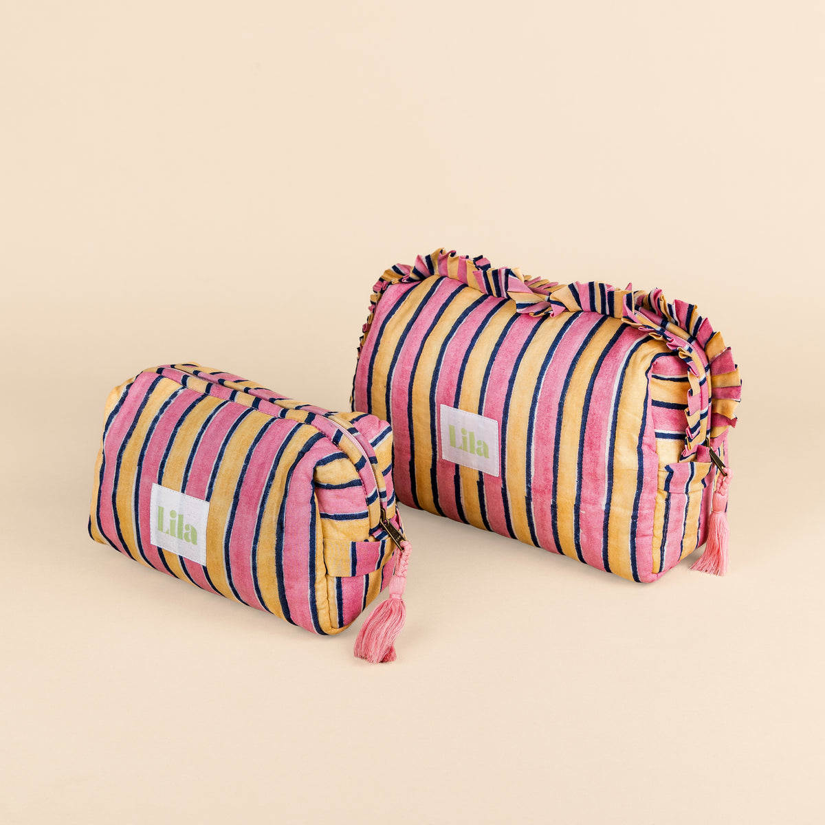 Toilettas - Strepen - Roze - Botergeel - Set