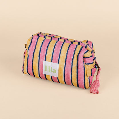 Toilettas - Strepen - Roze - Botergeel - Set