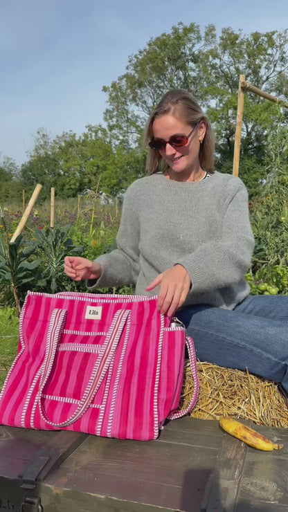 Tote organizado - Raya rosa - Incluye neceser - No.6